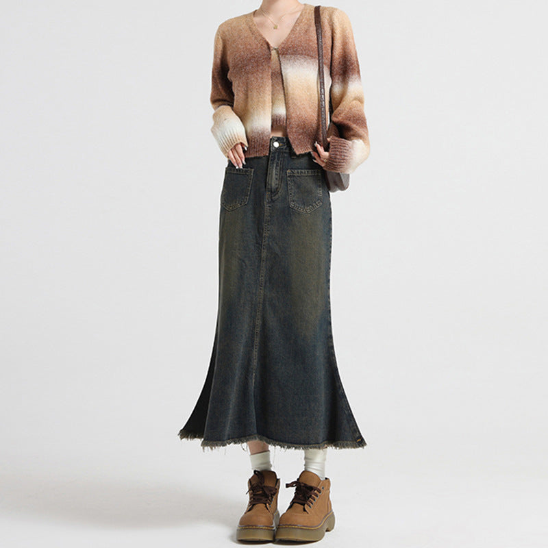 Lazy Style Versatile INS Denim Skirt Women High Waist Slimming Mid-Length A-Line Pencil Skirt