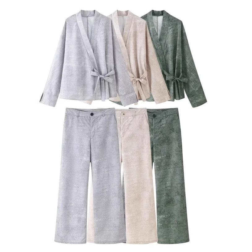 Women's Clothing Kimono-style Belted Top + Wide-leg Long Pants Two-piece Set