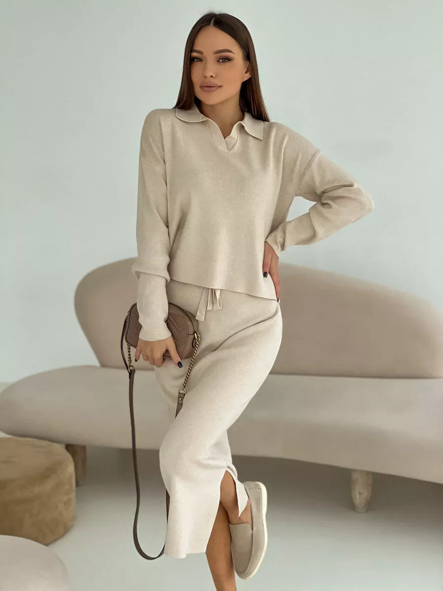 Style Knitted Suit Women's Core Spun Yarn Soft Slit Sweater with Belted Skirt