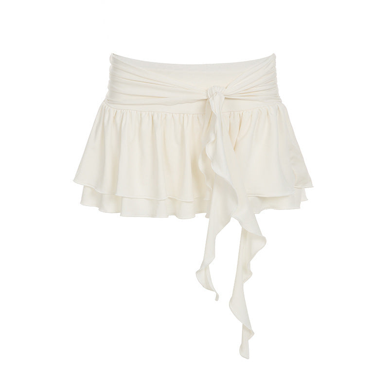 Lover's Memory Style Pure Temptation Lace Bra Type Pleated Strap Back Top with Ruffle Double Layer Cake Skirt Set