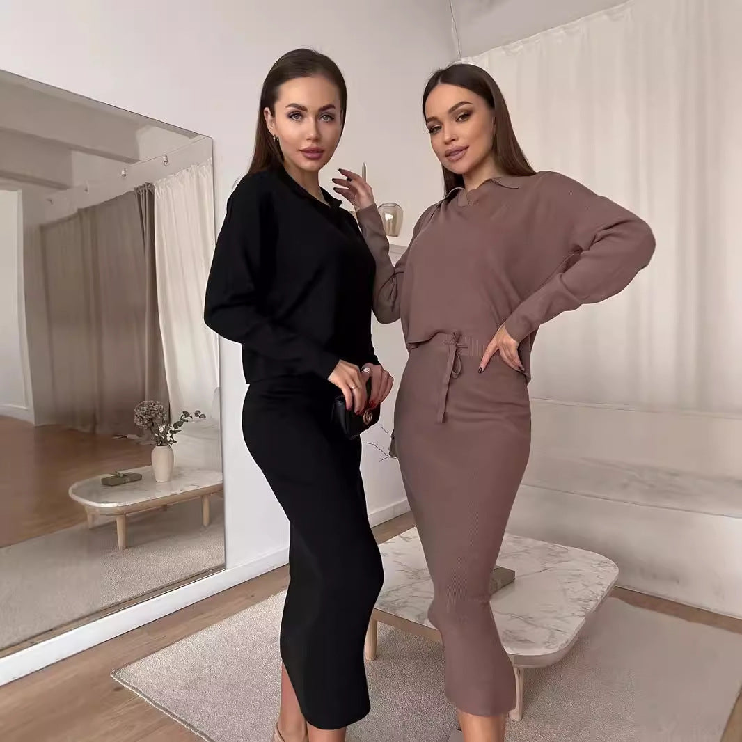 Style Knitted Suit Women's Core Spun Yarn Soft Slit Sweater with Belted Skirt