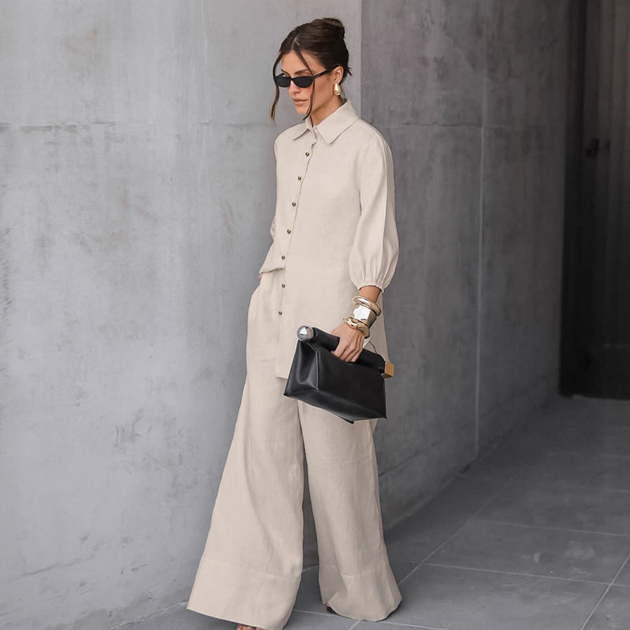 Cotton Linen Suit for Women, Elegant Loose Fit Long Sleeve Trousers Two-Piece Set