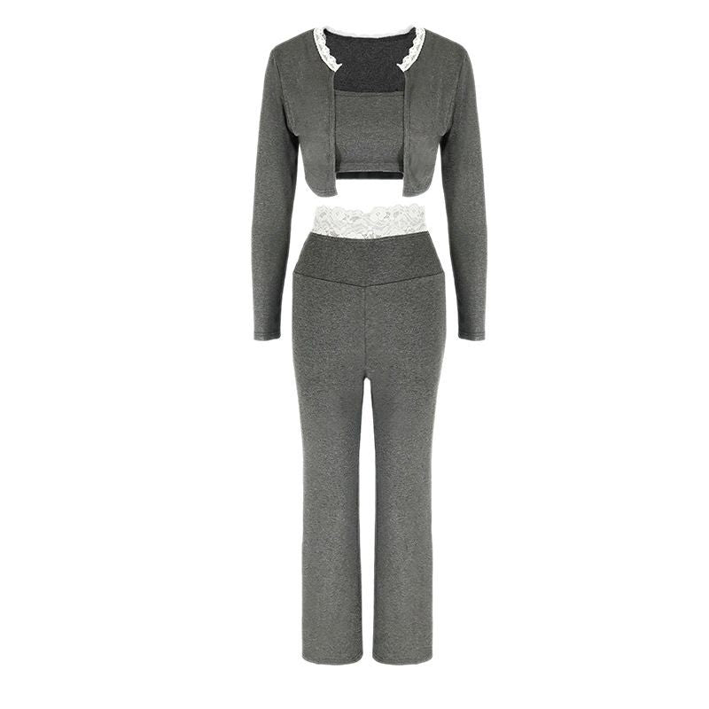 Hollow Knit Lace Trim Cardigan Slim Long Sleeve Trousers 3-Piece Set for Women