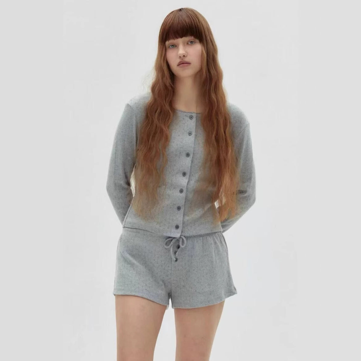 Round neck slim fit jacquard knitted top T-shirt+solid color elastic waist shorts two-piece set