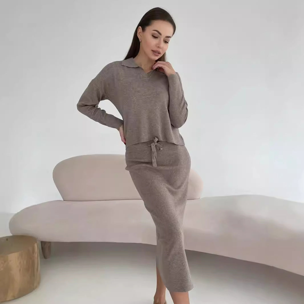 Style Knitted Suit Women's Core Spun Yarn Soft Slit Sweater with Belted Skirt