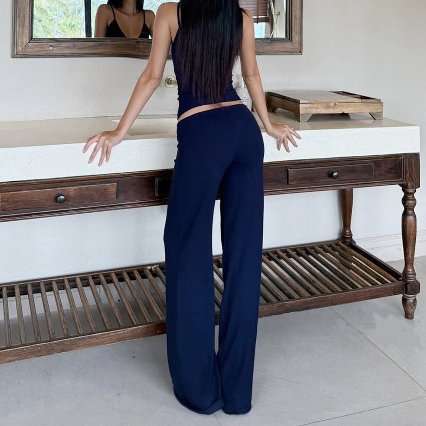 Deep V-Neck Strap Top + Loose Fitting Trousers