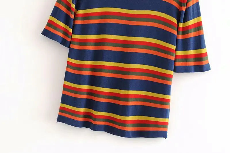Colorful Striped Round Neck Short Sleeve Knit T-Shirt