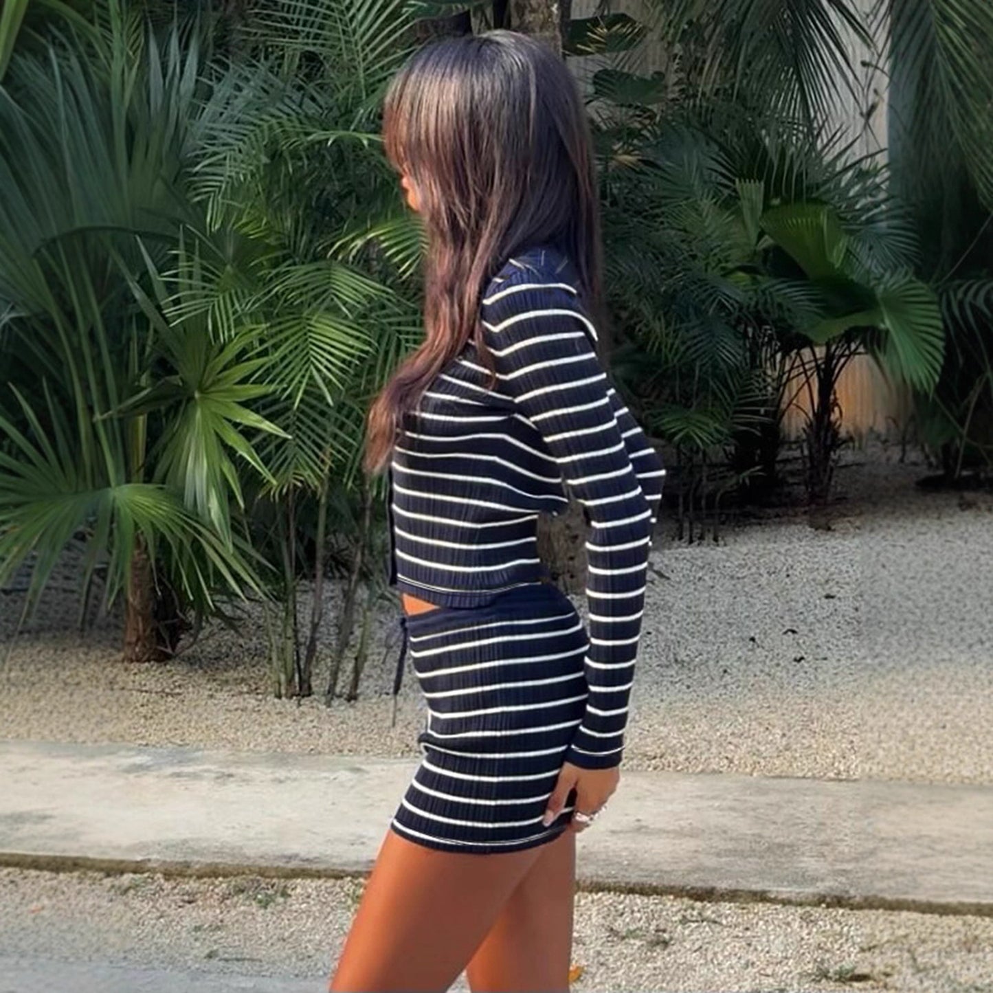 Simple Casual Striped Knit Two-Piece Women's Set Single-Breasted Cardigan Top and Low-Waist Belted Straight Leg Pencil Skirt Pants