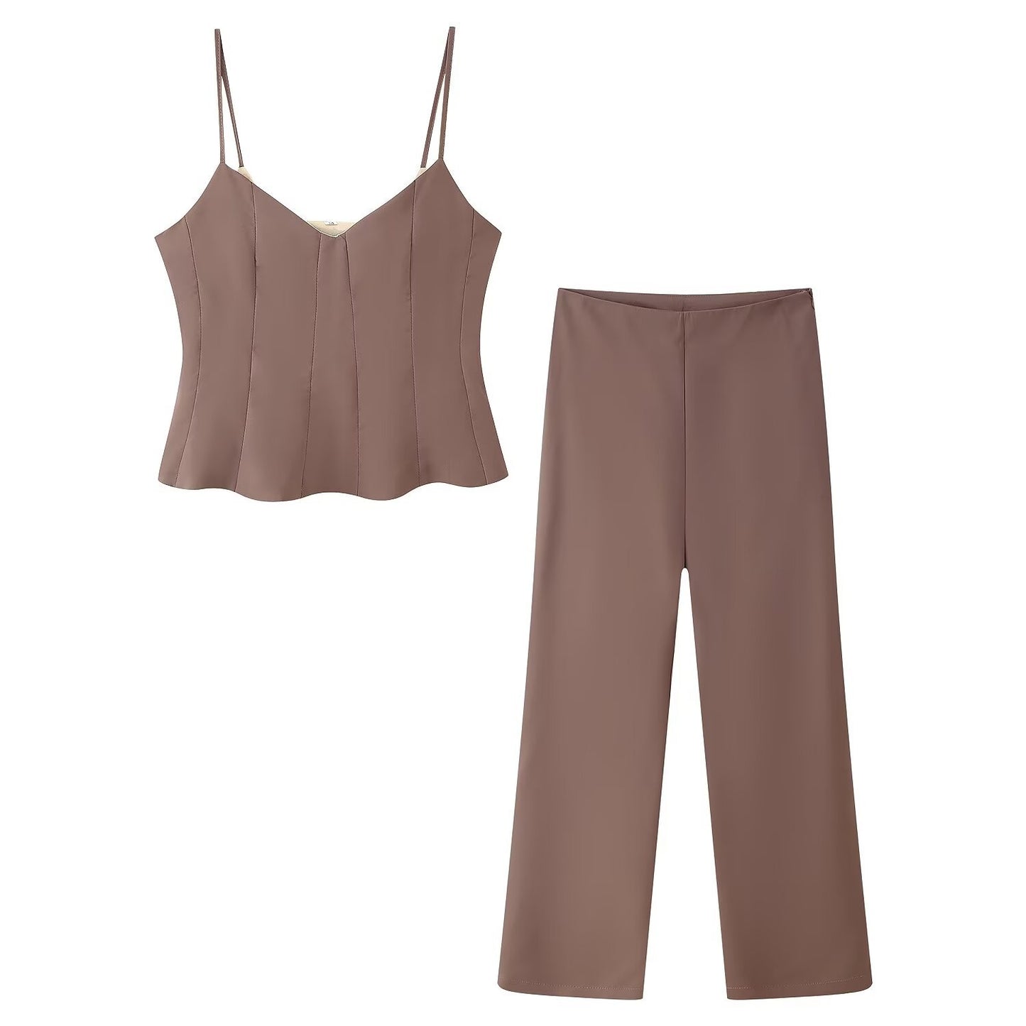 Women's Clothing Strap Solid Color Top High Waist Casual Straight Leg Long Pants