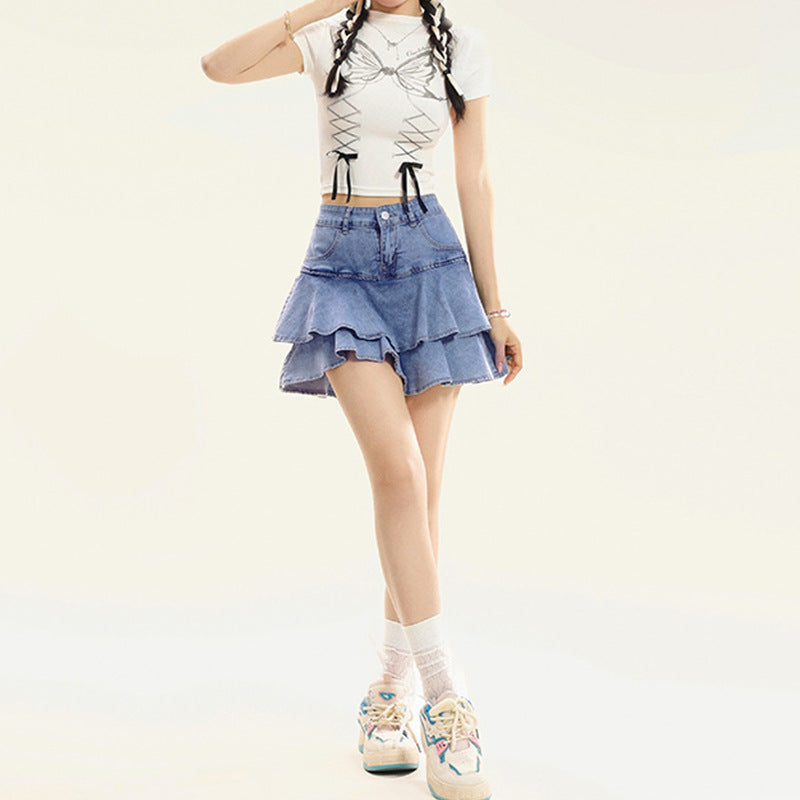 Spicy Girl Casual Sweet Denim Skirt Women High Waist Slim Flared Denim Skirt