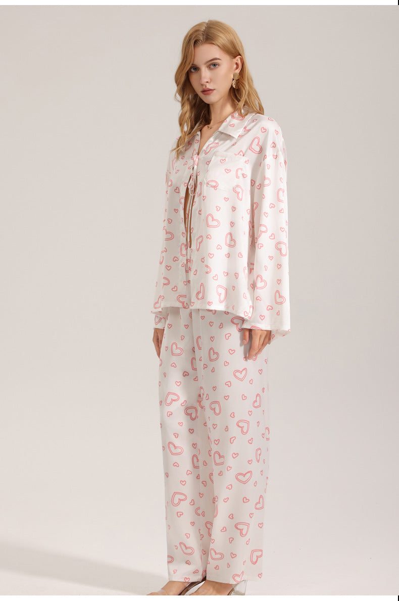 Three-Piece Pajama Set with Heart Print - Strap Top, Long Sleeve, and Long Pants for Women