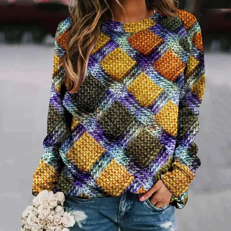 Women's Printed Patchwork Long Sleeve Raglan Sweater