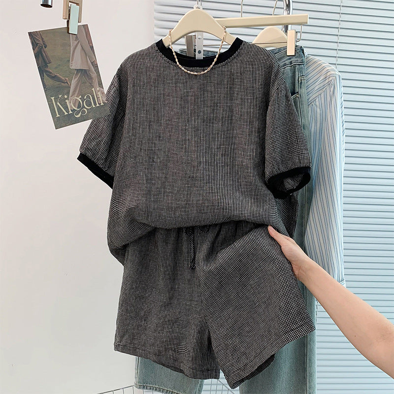 Cotton Linen Vintage Loose Casual Plaid T-Shirt + Wide Leg Shorts Two-Piece Set