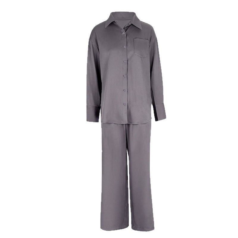 Two-Piece Set Button-Down Collar Top Loose Fit Comfortable Wide-Leg Long Pants