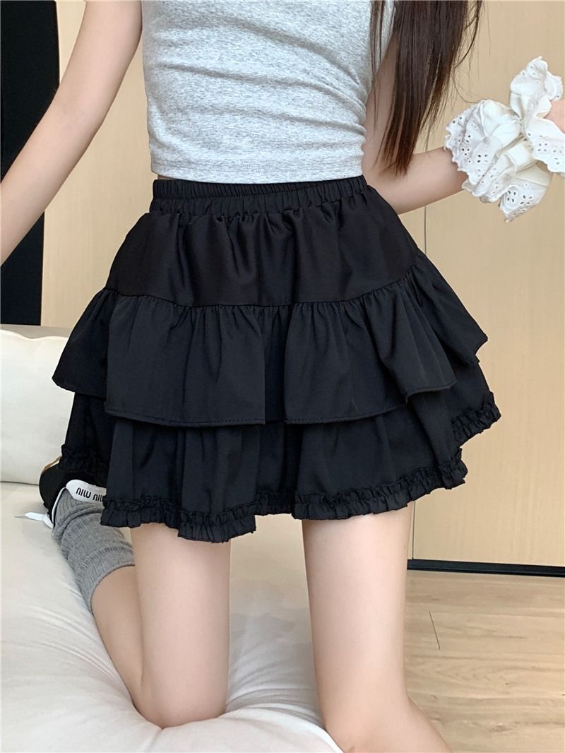 Puffy Cake Skirt Women's Sweet Ballet Style High Waist Slimming Ruffle Anti-peeking A-line Short Skirt