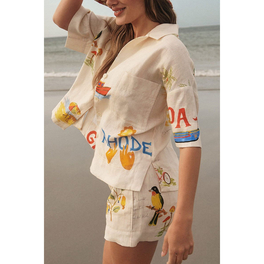 Summer Vacation Batwing Sleeve Set Women's INS Casual Loose Pocket Two-Piece Suit