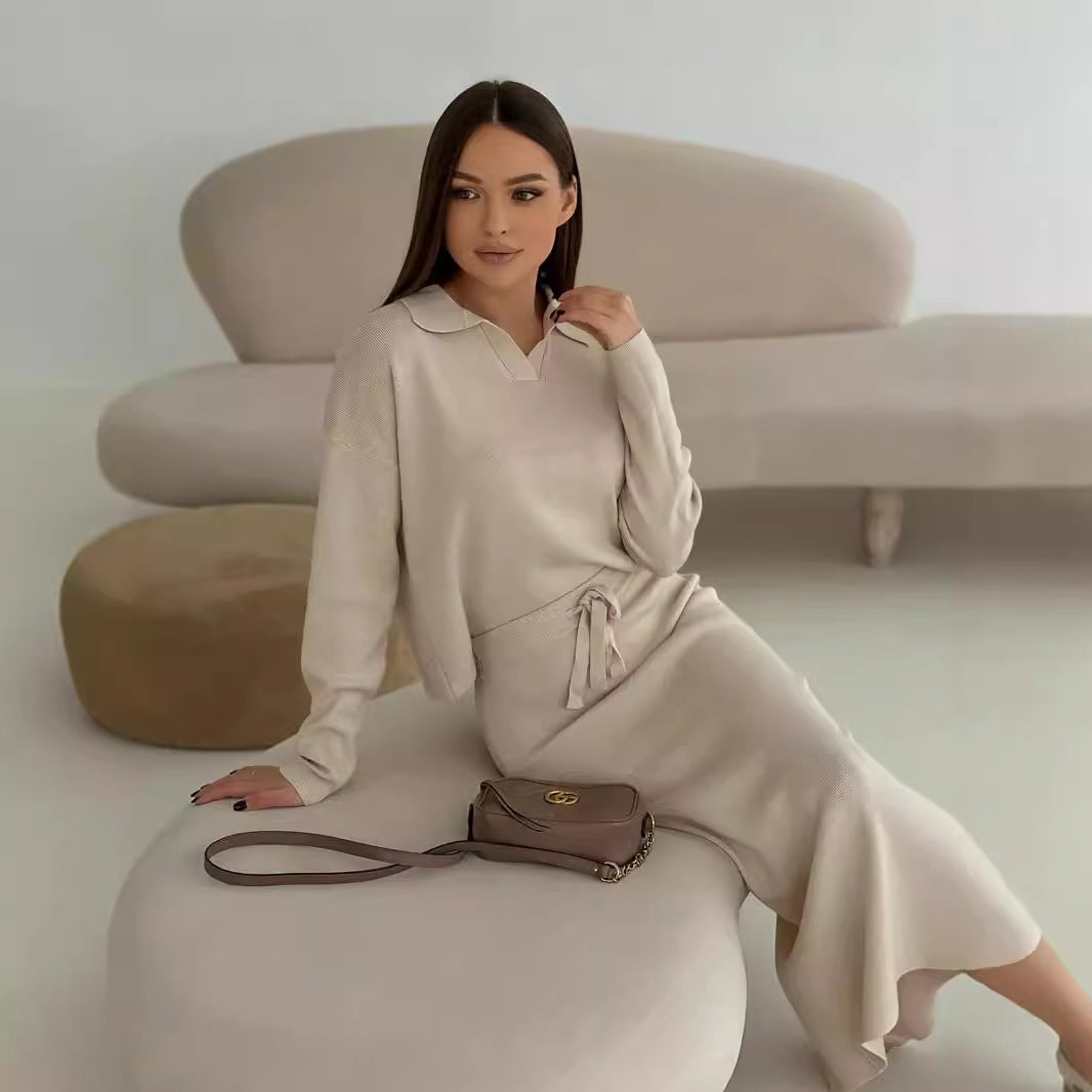 Style Knitted Suit Women's Core Spun Yarn Soft Slit Sweater with Belted Skirt