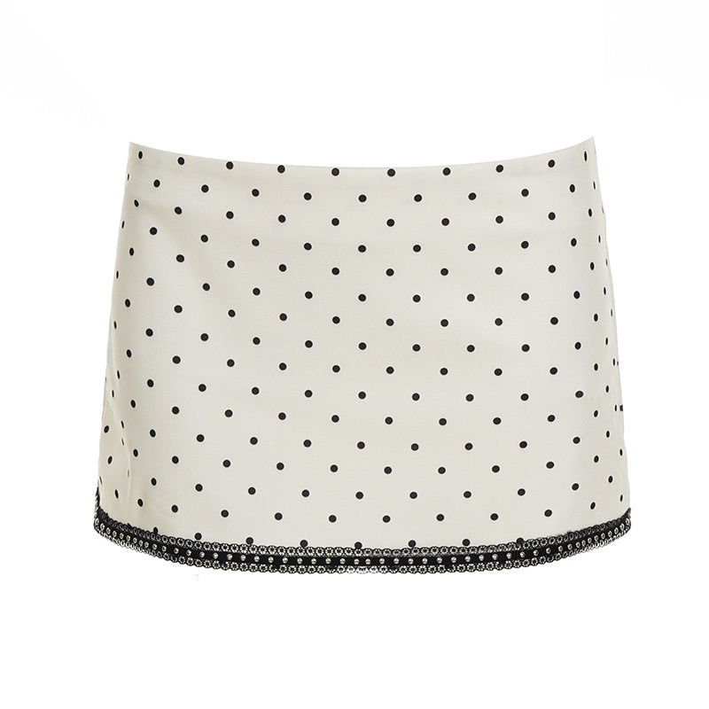 Audrey Hepburn Color Block Halter V-Neck Tank Top + Low Waist Polka Dot Mini A-Line Skirt Spicy Two-Piece Set