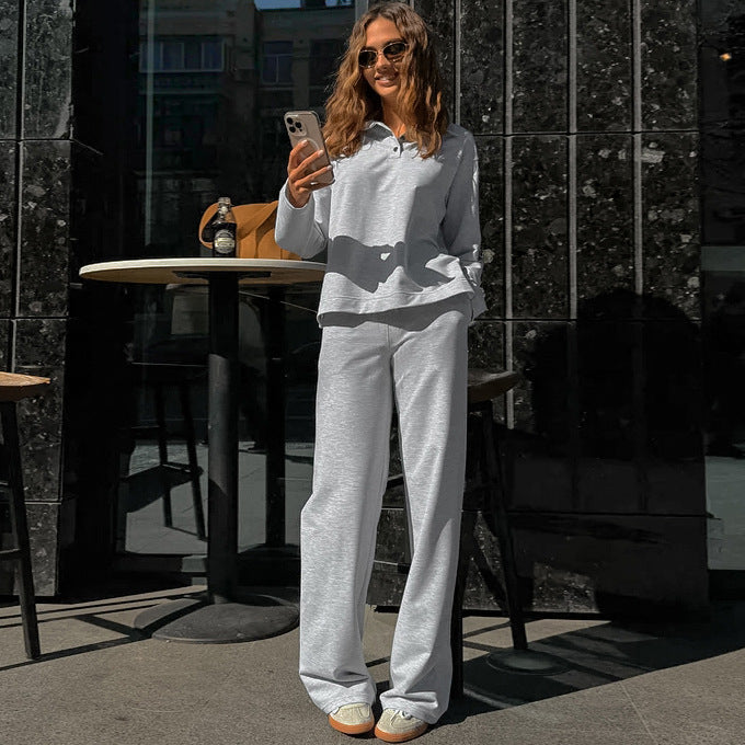 Hoodie Set Women's Polo Collar Long Sleeve Pants High-Grade Trendy Casual Two-Piece Set