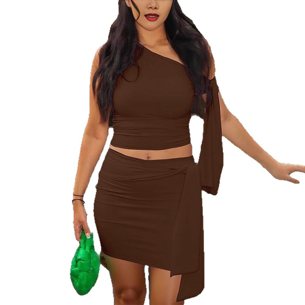 Women's Oblique Collar Tied Top with Fitted Pleated Skirt Set