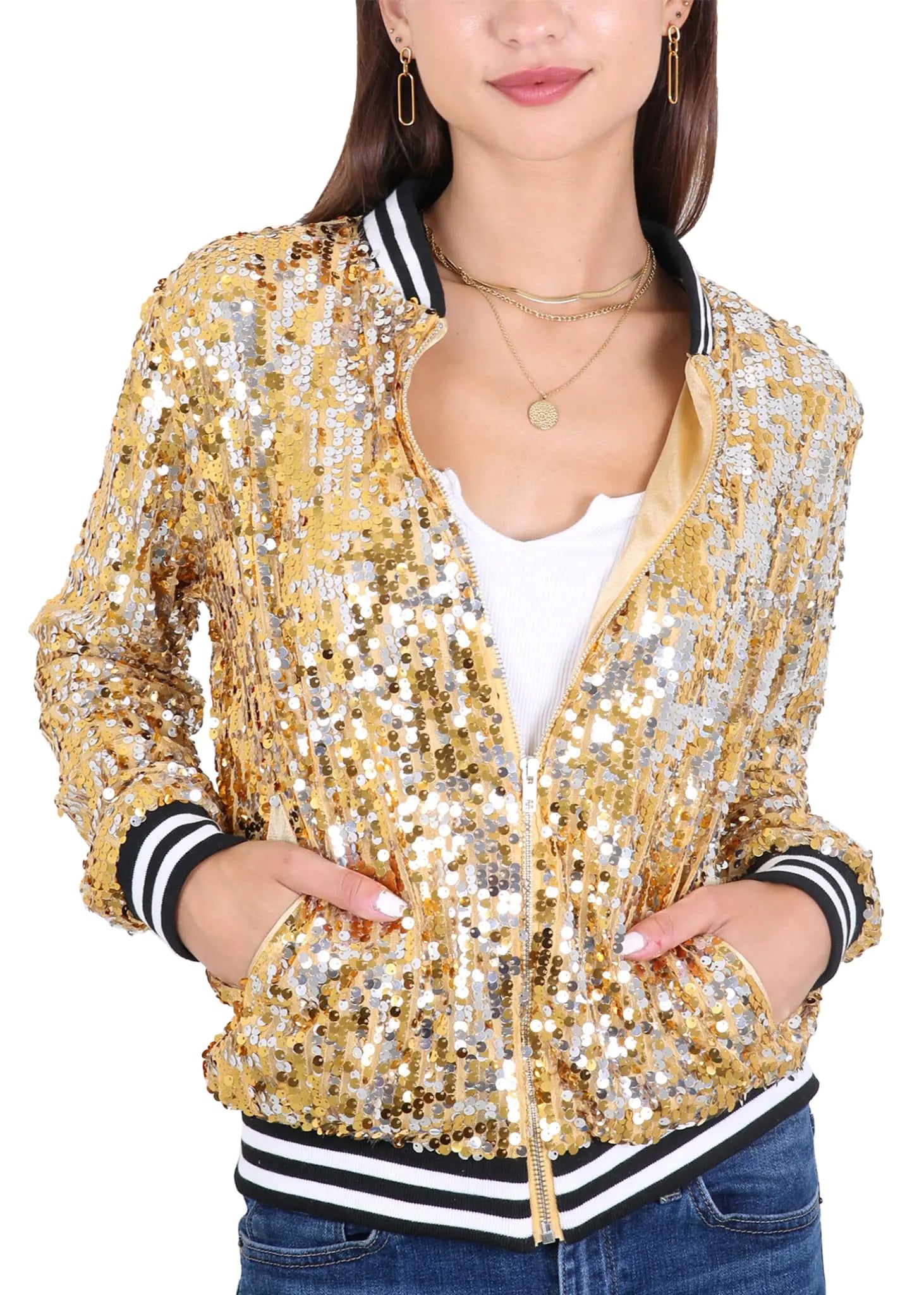 Anna-Kaci Womens Sequin Jacket Sparkle Long Sleeve Front Zip Casual Blazer Bomber Jacket With Pockets Gold Medium