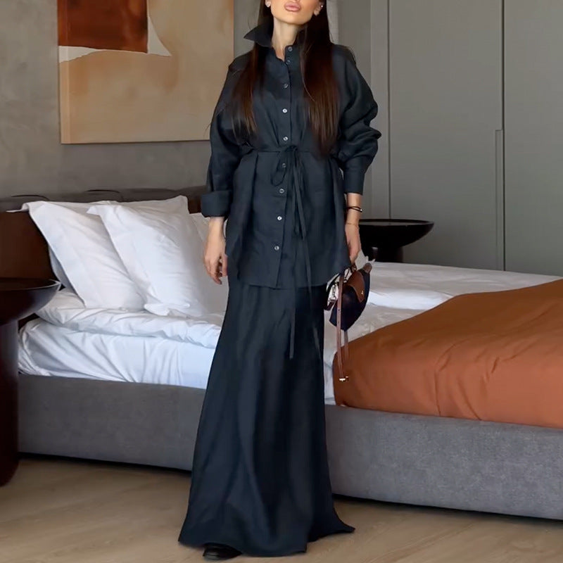 Collar loose long sleeved shirt high waisted skirt set