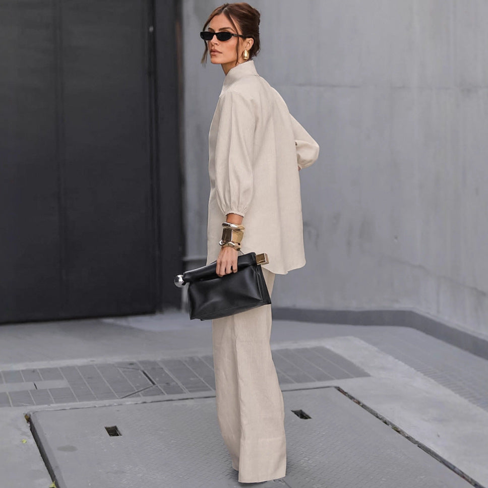 Cotton Linen Suit for Women, Elegant Loose Fit Long Sleeve Trousers Two-Piece Set
