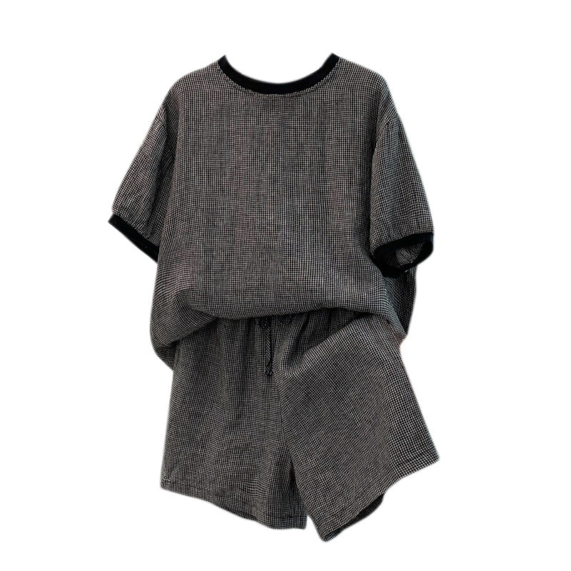 Cotton Linen Vintage Loose Casual Plaid T-Shirt + Wide Leg Shorts Two-Piece Set