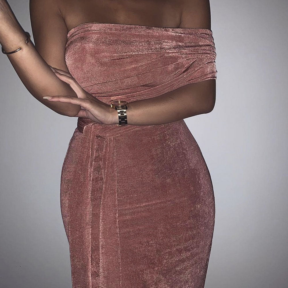 Sexy zip top high waisted half body pleated skirt set