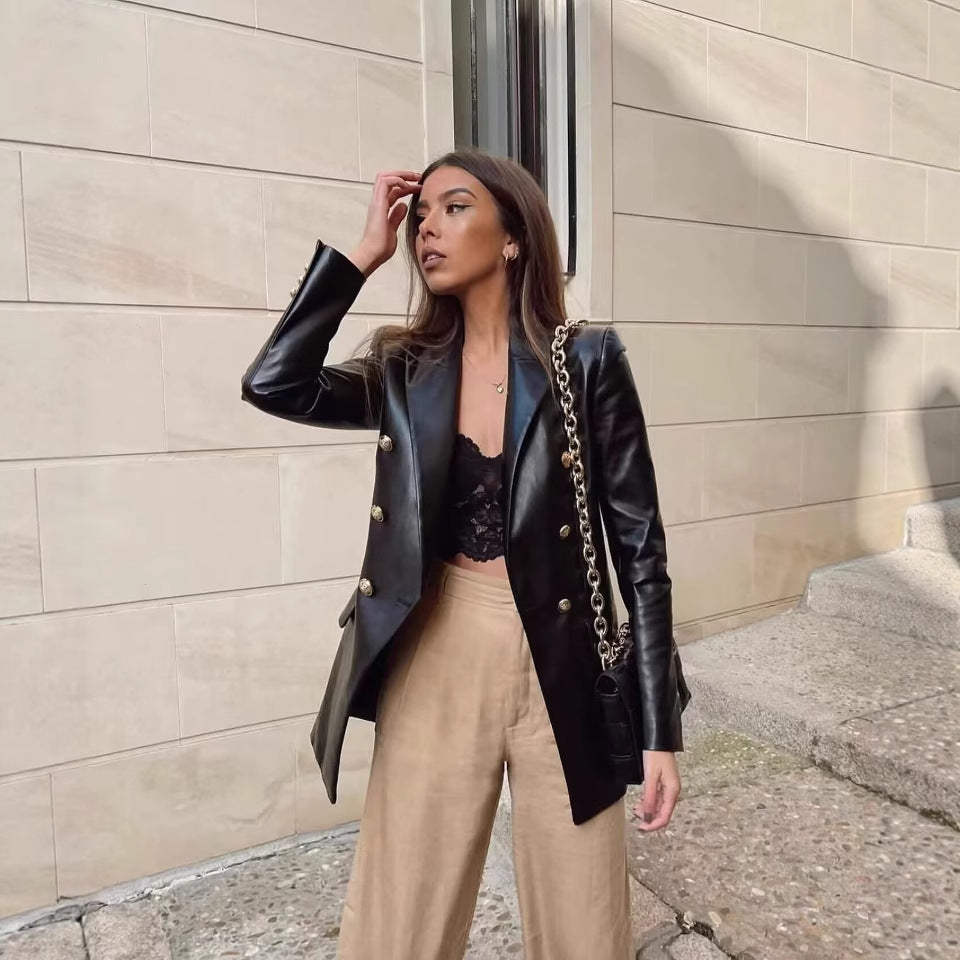 Women's PU Leather Blazer Jacket