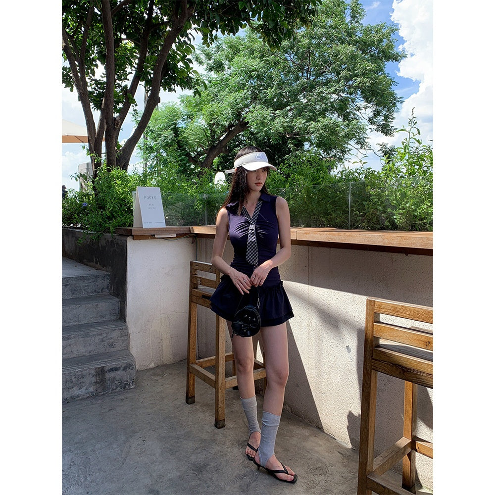 Plaid Collar Tie V-neck Vest + Unique Personalized Pleated Skirt Women