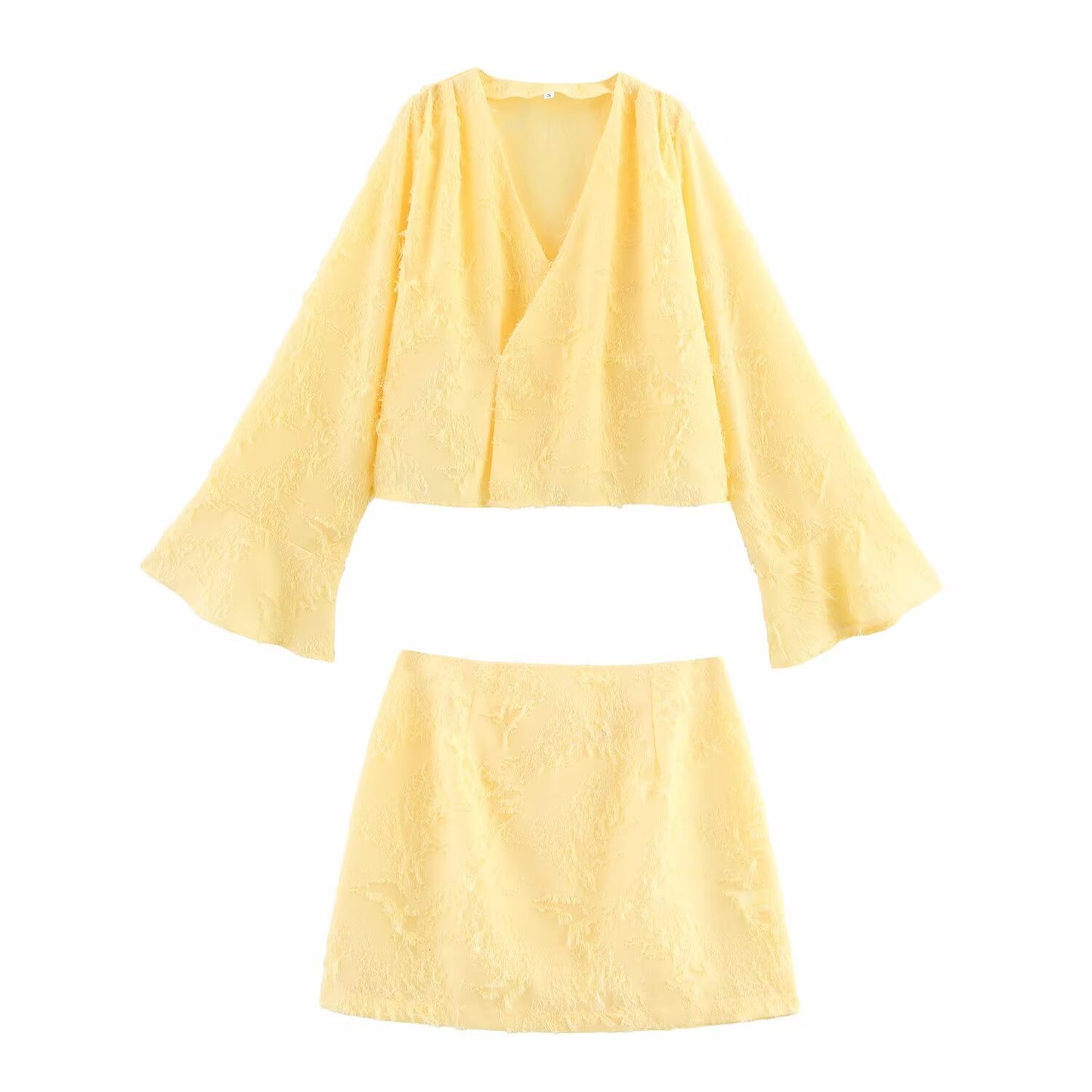Women's Clothing INS Embossed Long Sleeve V-neck Bodycon Mini Skirt Loose Top Set