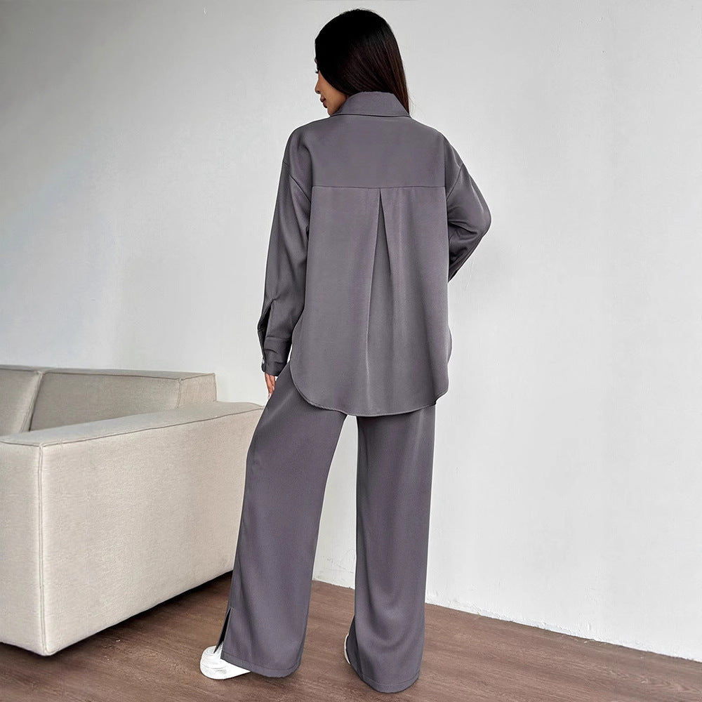 Two-Piece Set Button-Down Collar Top Loose Fit Comfortable Wide-Leg Long Pants