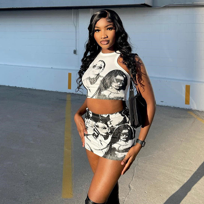 Round Neck Cartoon Print Sleeveless Short Top and Skirt Set for Women