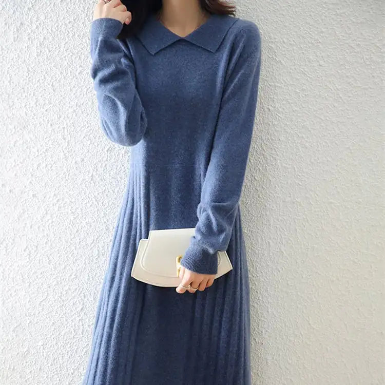 Women's Solid Color Wool Knitted Dress with Collar