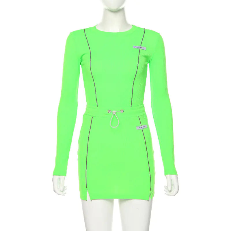 Reflective Trim Long Sleeve Two-Piece Dress Set