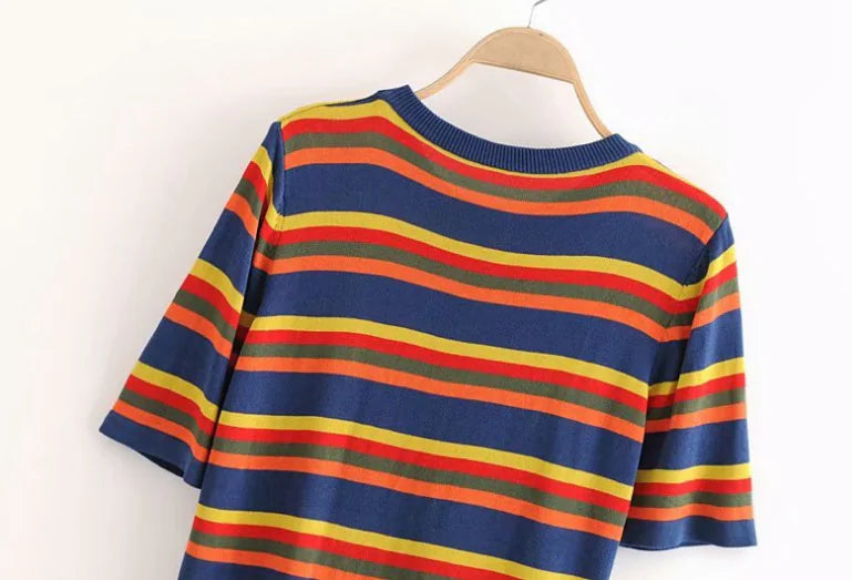 Colorful Striped Round Neck Short Sleeve Knit T-Shirt