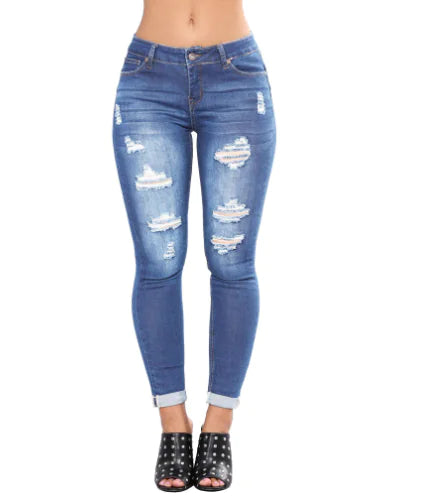 Blue Ripped Skinny Jeans with Distressed Slim Fit