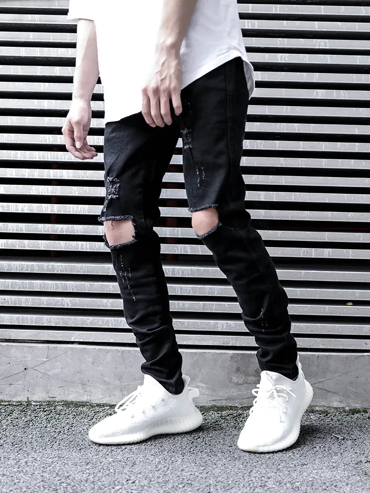 Men's Ripped Black Skinny Jeans with Stretch Fit