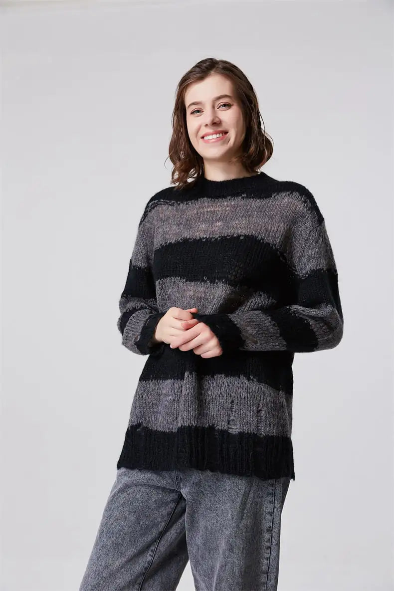 Women's Mohair Striped Ripped Thin Crew Neck Sweater
