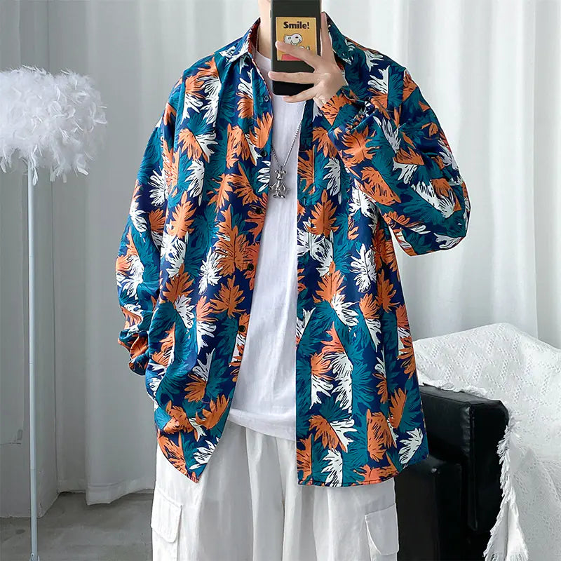 Men's Retro Floral Long Sleeve Shirt - Casual Loose Fit