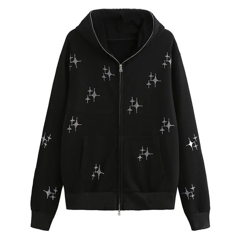 Loose Rhinestone Zipper Hooded Sweater by XINGX