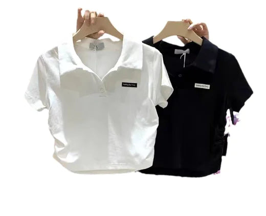 Short Cropped Polo Letter Print T-Shirt