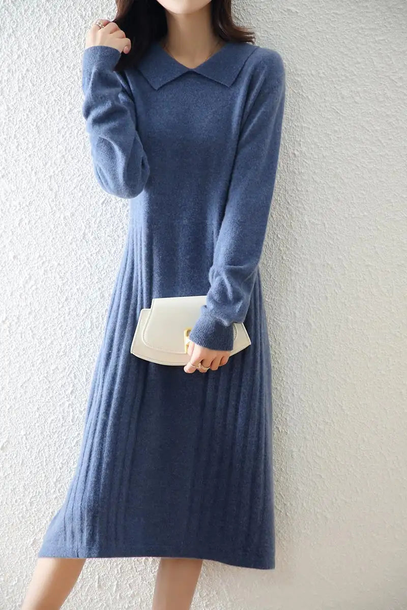 Women's Solid Color Wool Knitted Dress with Collar