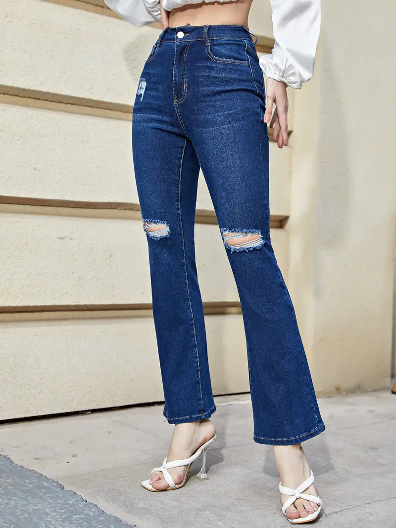 Women's Blue Ripped Flared High Waist Denim Jeans