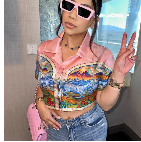 Retro Print POLO Lapel Short-Sleeve Women's Top