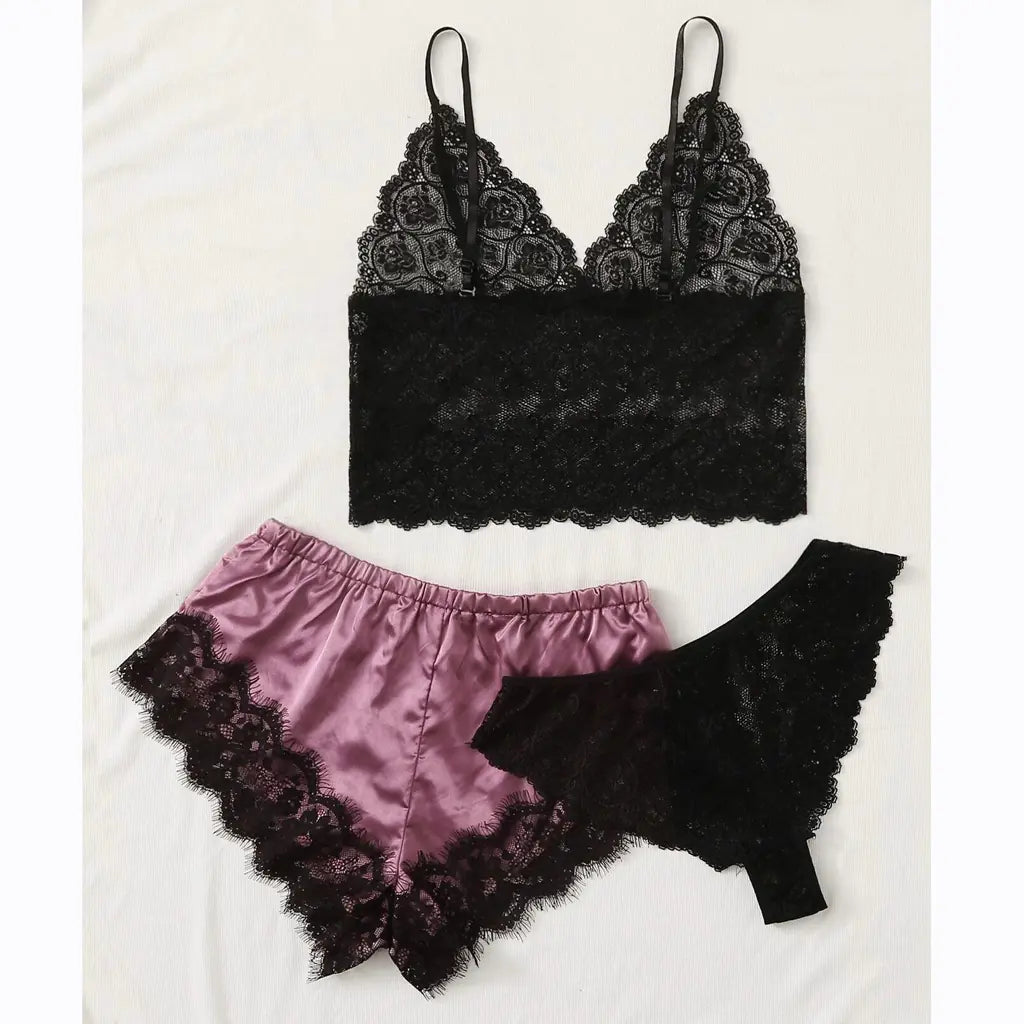 Women's 3-Piece Lace Pajama Set with Shorts and Top