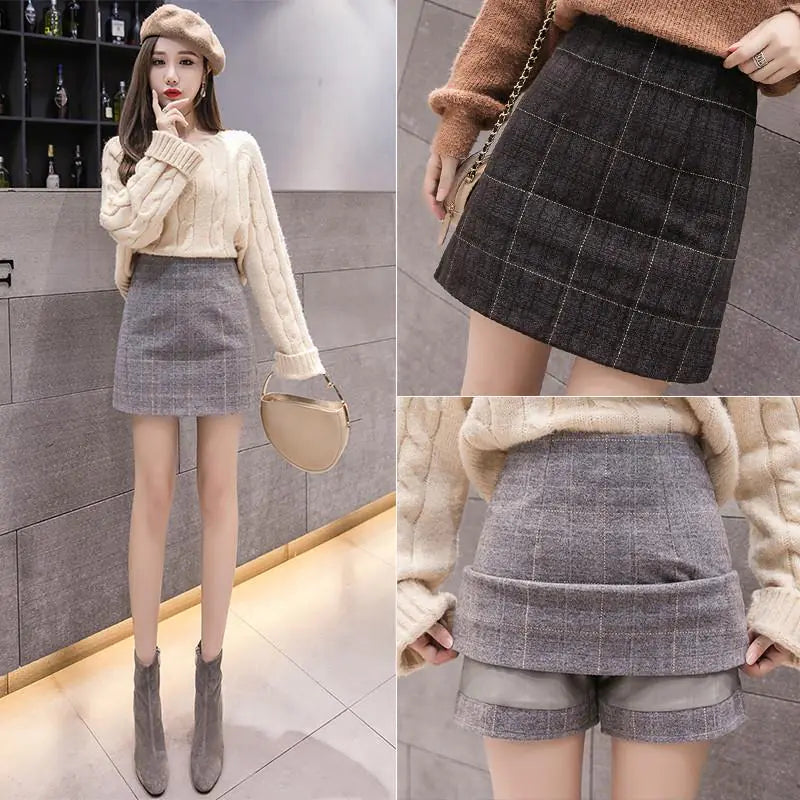 Women's High Waist Slim Plaid Woolen Fashion Skirt