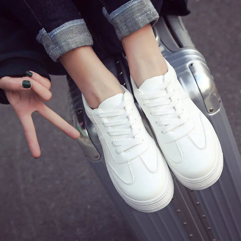 Thick Sole White Sneakers, Korean Style Lace-Up Shoes