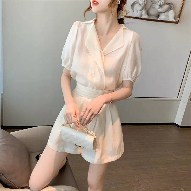 2020 Vintage French Style Chiffon Top and Shorts Set